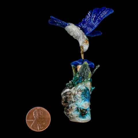 3.8" Hand Carved Bird Perched on Malachite, Quartz Crystals Hummingbird Peru