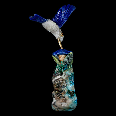 3.8" Hand Carved Bird Perched on Malachite, Quartz Crystals Hummingbird Peru