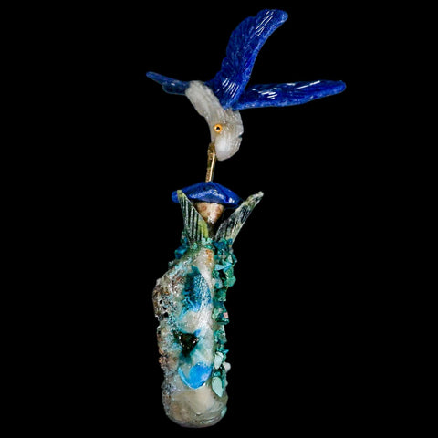 3.8" Hand Carved Bird Perched on Malachite, Quartz Crystals Hummingbird Peru