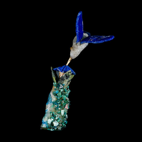 3.8" Hand Carved Bird Perched on Malachite, Quartz Crystals Hummingbird Peru