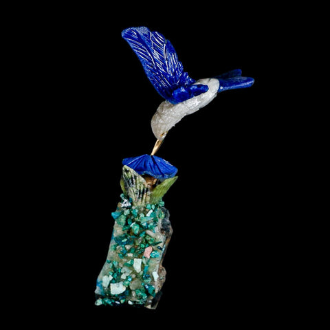 3.8" Hand Carved Bird Perched on Malachite, Quartz Crystals Hummingbird Peru