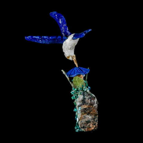 3.8" Hand Carved Bird Perched on Malachite, Quartz Crystals Hummingbird Peru