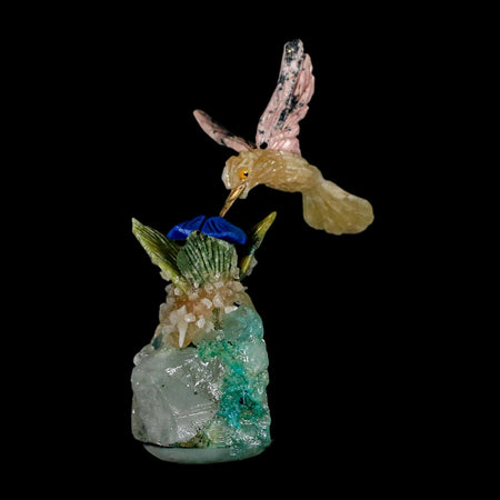 4.1" Hand Carved Bird Perched on Malachite, Quartz Crystals Hummingbird Peru