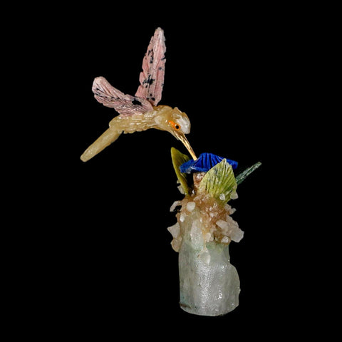 4.1" Hand Carved Bird Perched on Malachite, Quartz Crystals Hummingbird Peru