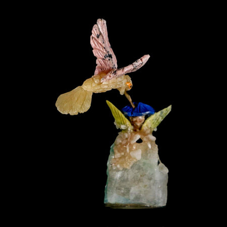 4.1" Hand Carved Bird Perched on Malachite, Quartz Crystals Hummingbird Peru