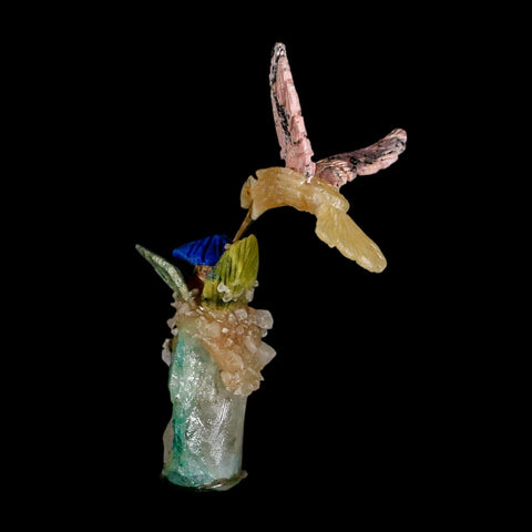 4.1" Hand Carved Bird Perched on Malachite, Quartz Crystals Hummingbird Peru