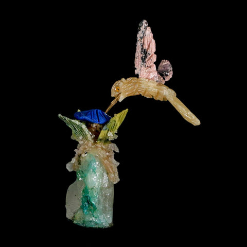 4.1" Hand Carved Bird Perched on Malachite, Quartz Crystals Hummingbird Peru