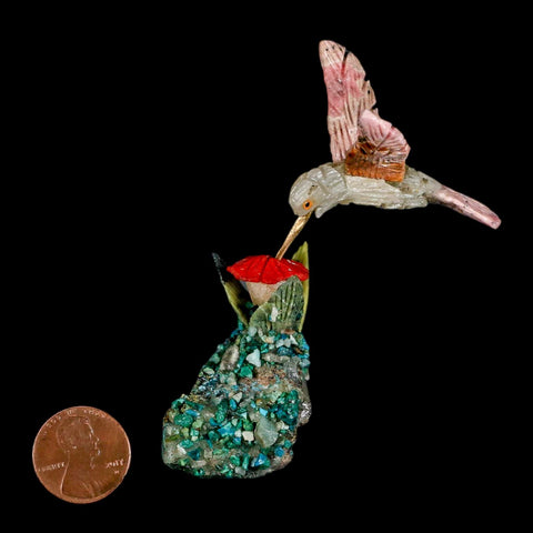 3.6" Hand Carved Bird Perched on Malachite, Quartz Crystals Hummingbird Peru