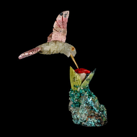 3.6" Hand Carved Bird Perched on Malachite, Quartz Crystals Hummingbird Peru