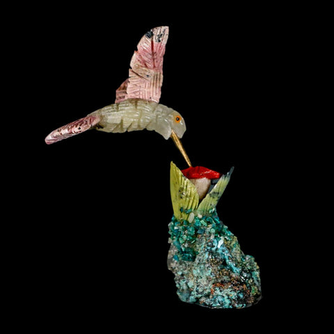 3.6" Hand Carved Bird Perched on Malachite, Quartz Crystals Hummingbird Peru