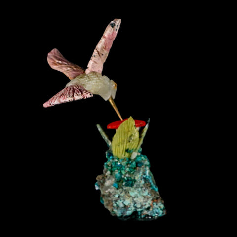 3.6" Hand Carved Bird Perched on Malachite, Quartz Crystals Hummingbird Peru