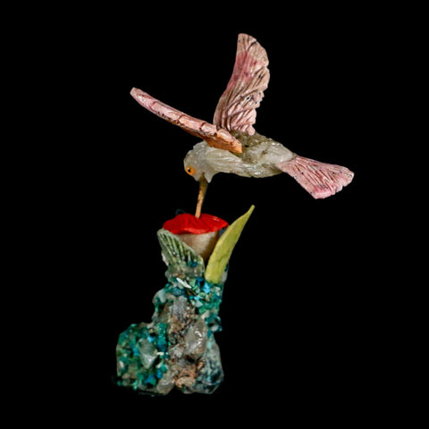 3.6" Hand Carved Bird Perched on Malachite, Quartz Crystals Hummingbird Peru