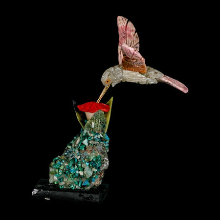 3.6" Hand Carved Bird Perched on Malachite, Quartz Crystals Hummingbird Peru