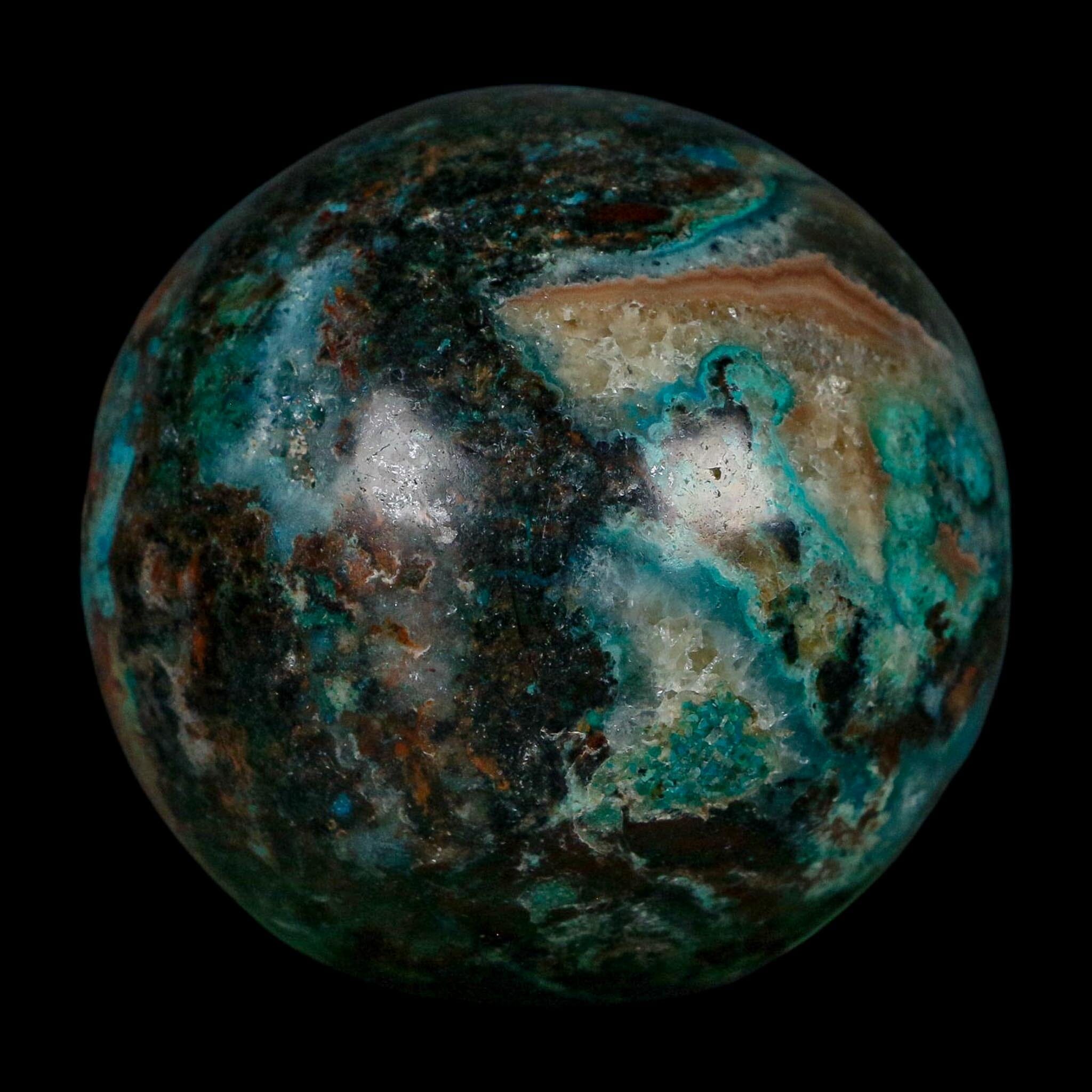 XL 61MM Polished Chrysocolla, Malachite, Crystal Mineral Sphere Peru - Fossil Age Minerals