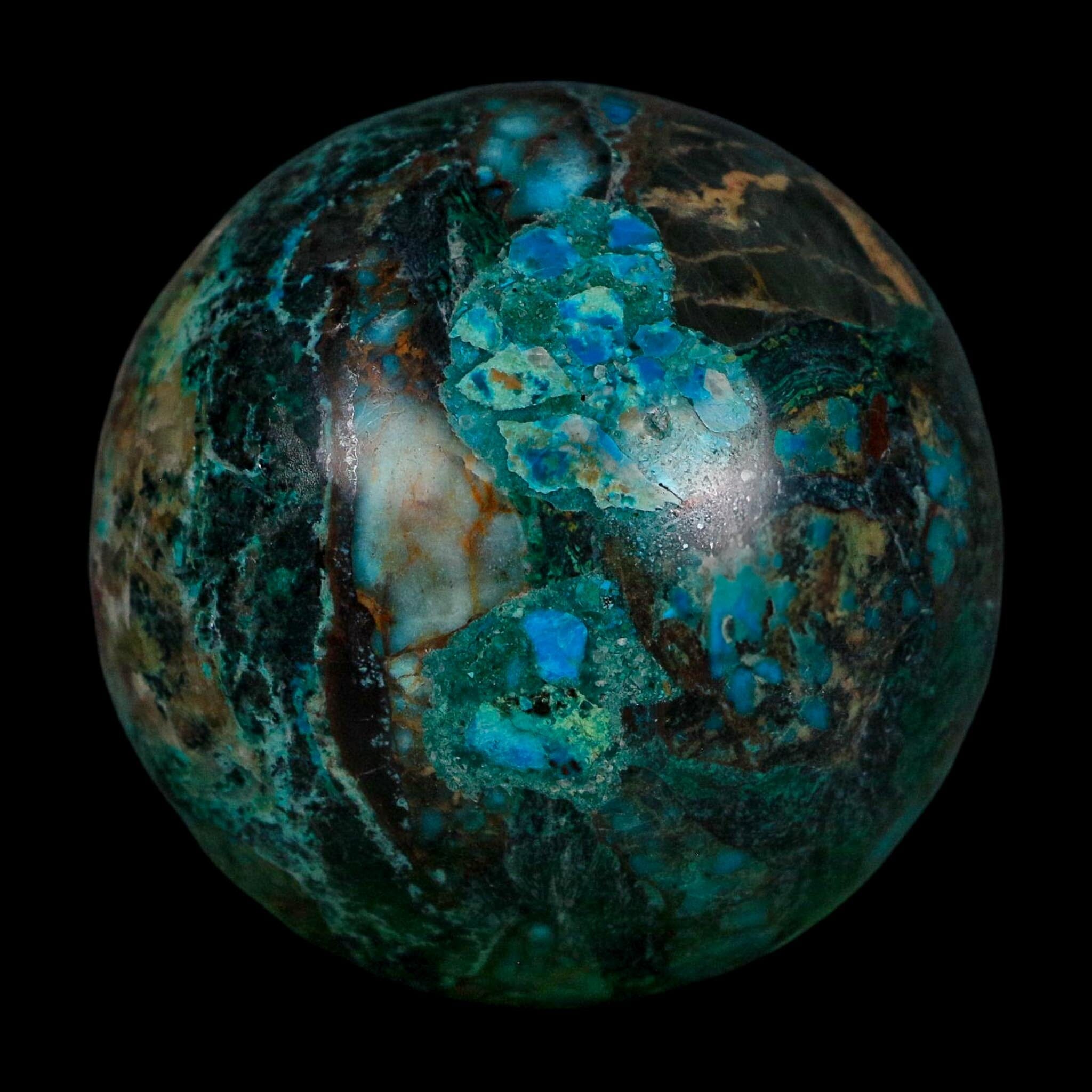 XL 60MM Polished Chrysocolla, Malachite, Crystal Mineral Sphere Peru - Fossil Age Minerals