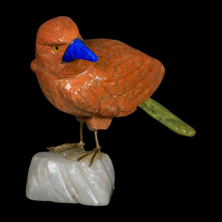 3.9" Hand Carved Bird Perched on White Calcite, Serpentine, Sodalite Peru