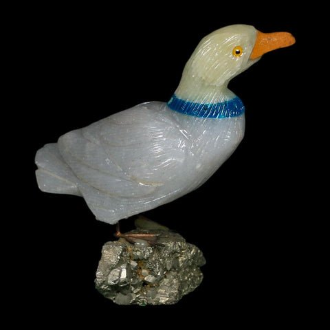 3.6" Hand Carved Duck Perched on Pyrite, Calcite, And Sodalite Peru - Fossil Age Minerals