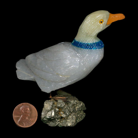 3.6" Hand Carved Duck Perched on Pyrite, Calcite, And Sodalite Peru - Fossil Age Minerals