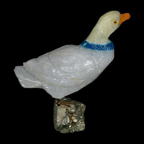 3.6" Hand Carved Duck Perched on Pyrite, Calcite, And Sodalite Peru - Fossil Age Minerals