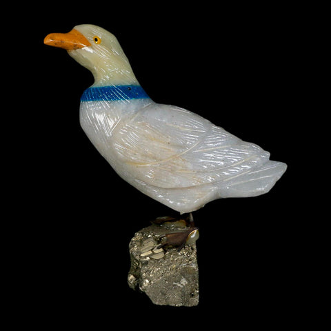 3.6" Hand Carved Duck Perched on Pyrite, Calcite, And Sodalite Peru - Fossil Age Minerals
