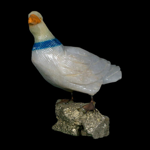 3.6" Hand Carved Duck Perched on Pyrite, Calcite, And Sodalite Peru - Fossil Age Minerals