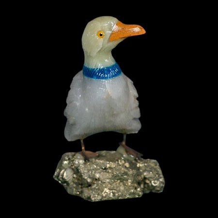 3.6" Hand Carved Duck Perched on Pyrite, Calcite, And Sodalite Peru