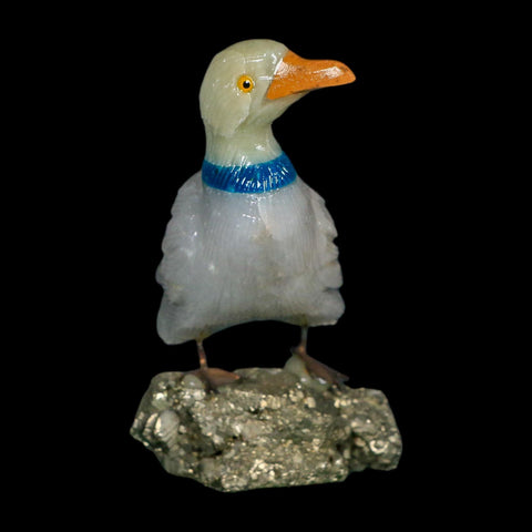 3.6" Hand Carved Duck Perched on Pyrite, Calcite, And Sodalite Peru - Fossil Age Minerals