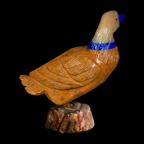 3.5" Hand Carved Duck Perched on Red White Calcite, Brown Calcite, And Sodalite Peru - Fossil Age Minerals