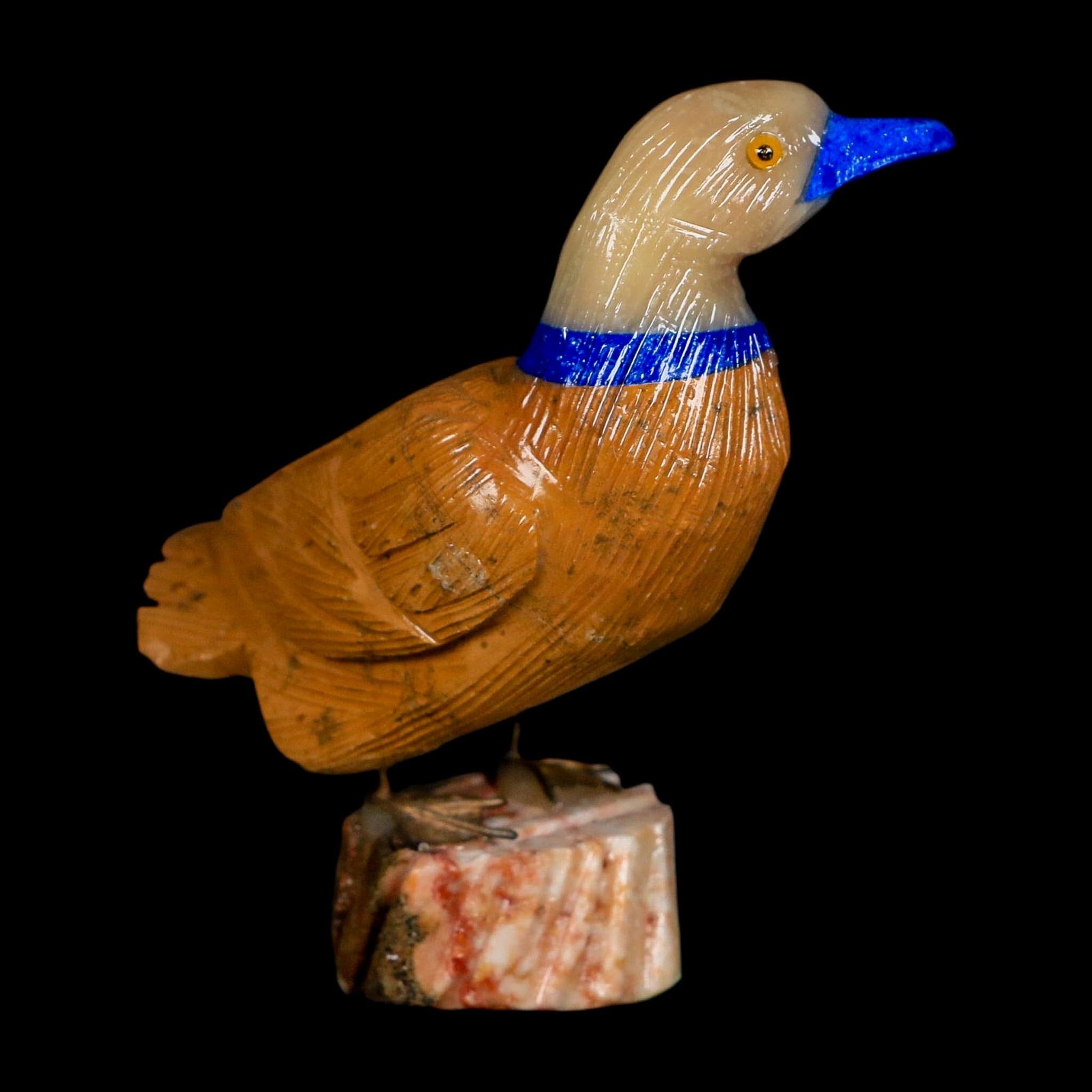3.5" Hand Carved Duck Perched on Red White Calcite, Brown Calcite, And Sodalite Peru - Fossil Age Minerals