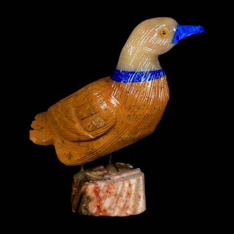 3.5" Hand Carved Duck Perched on Red White Calcite, Brown Calcite, And Sodalite Peru - Fossil Age Minerals