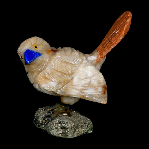 3.1" Hand Carved Bird Perched on Pyrite, Brown Calcite, Sodalite Peru - Fossil Age Minerals
