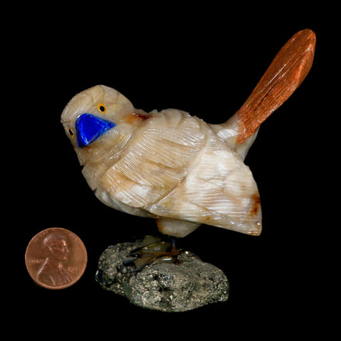 3.1" Hand Carved Bird Perched on Pyrite, Brown Calcite, Sodalite Peru - Fossil Age Minerals