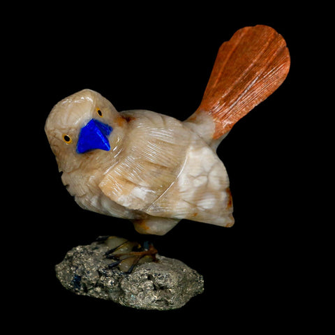 3.1" Hand Carved Bird Perched on Pyrite, Brown Calcite, Sodalite Peru - Fossil Age Minerals