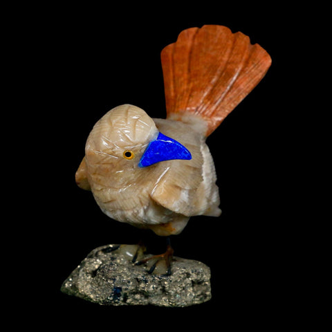 3.1" Hand Carved Bird Perched on Pyrite, Brown Calcite, Sodalite Peru - Fossil Age Minerals