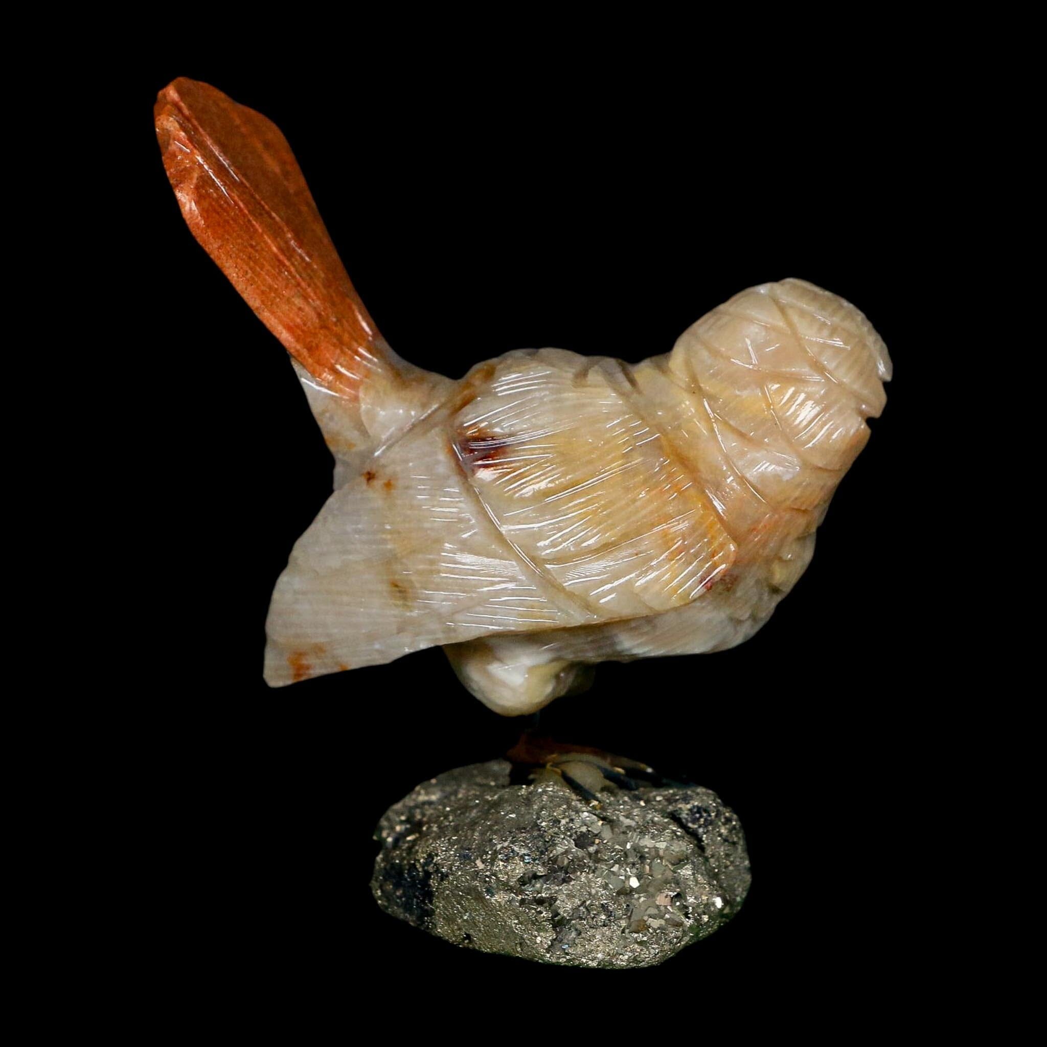 3.1" Hand Carved Bird Perched on Pyrite, Brown Calcite, Sodalite Peru - Fossil Age Minerals