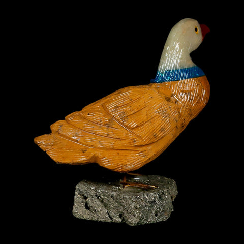 3.5" Hand Carved Duck Perched on Pyrite, Brown Calcite, And Sodalite Peru - Fossil Age Minerals