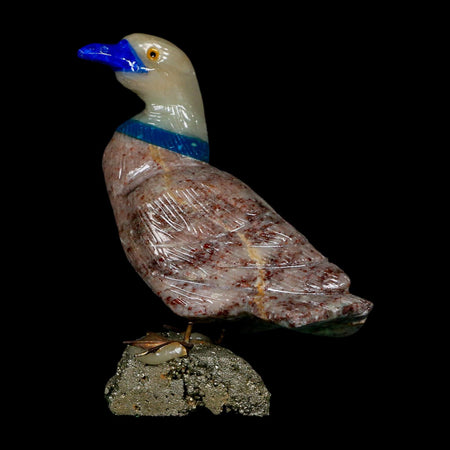 3.4" Hand Carved Duck Perched on Pyrite, Rhodochrosite, Calite, And Sodalite Peru