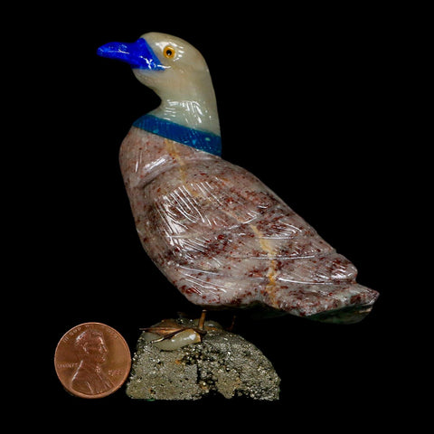 3.4" Hand Carved Duck Perched on Pyrite, Rhodochrosite, Calite, And Sodalite Peru - Fossil Age Minerals
