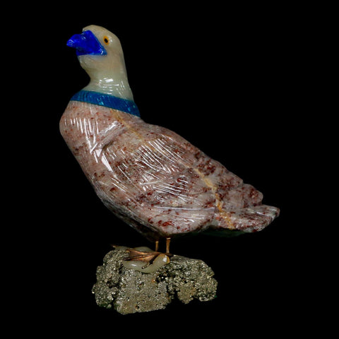 3.4" Hand Carved Duck Perched on Pyrite, Rhodochrosite, Calite, And Sodalite Peru - Fossil Age Minerals