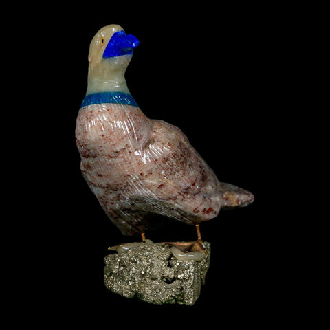 3.4" Hand Carved Duck Perched on Pyrite, Rhodochrosite, Calite, And Sodalite Peru - Fossil Age Minerals
