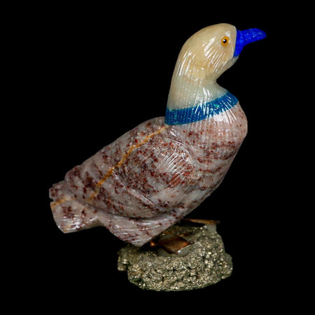 3.4" Hand Carved Duck Perched on Pyrite, Rhodochrosite, Calite, And Sodalite Peru