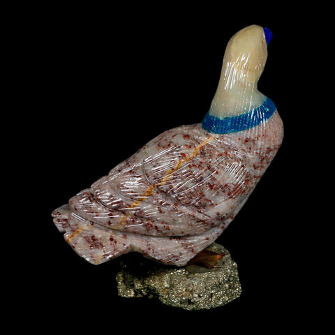 3.4" Hand Carved Duck Perched on Pyrite, Rhodochrosite, Calite, And Sodalite Peru - Fossil Age Minerals