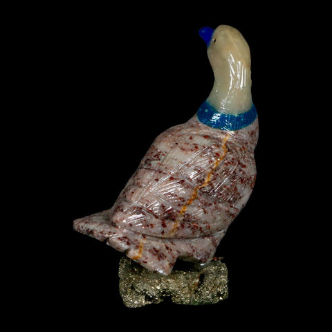 3.4" Hand Carved Duck Perched on Pyrite, Rhodochrosite, Calite, And Sodalite Peru - Fossil Age Minerals
