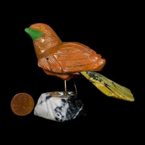 4" Hand Carved Bird Perched on White Calcite, Brown Calcite, Serpentine Peru - Fossil Age Minerals