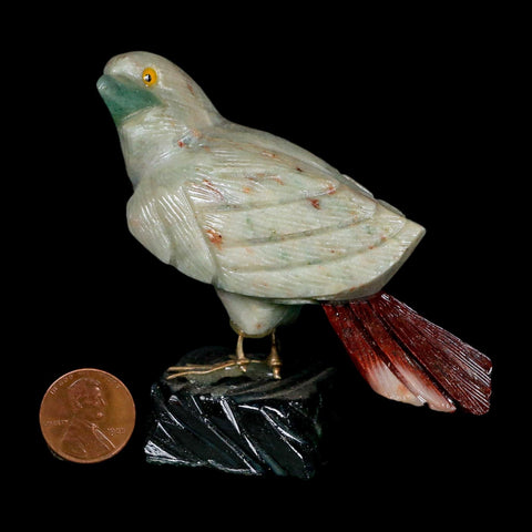 3.9" Hand Carved Bird Perched on Black Calcite, White Calcite, Rhodochrosite Peru - Fossil Age Minerals
