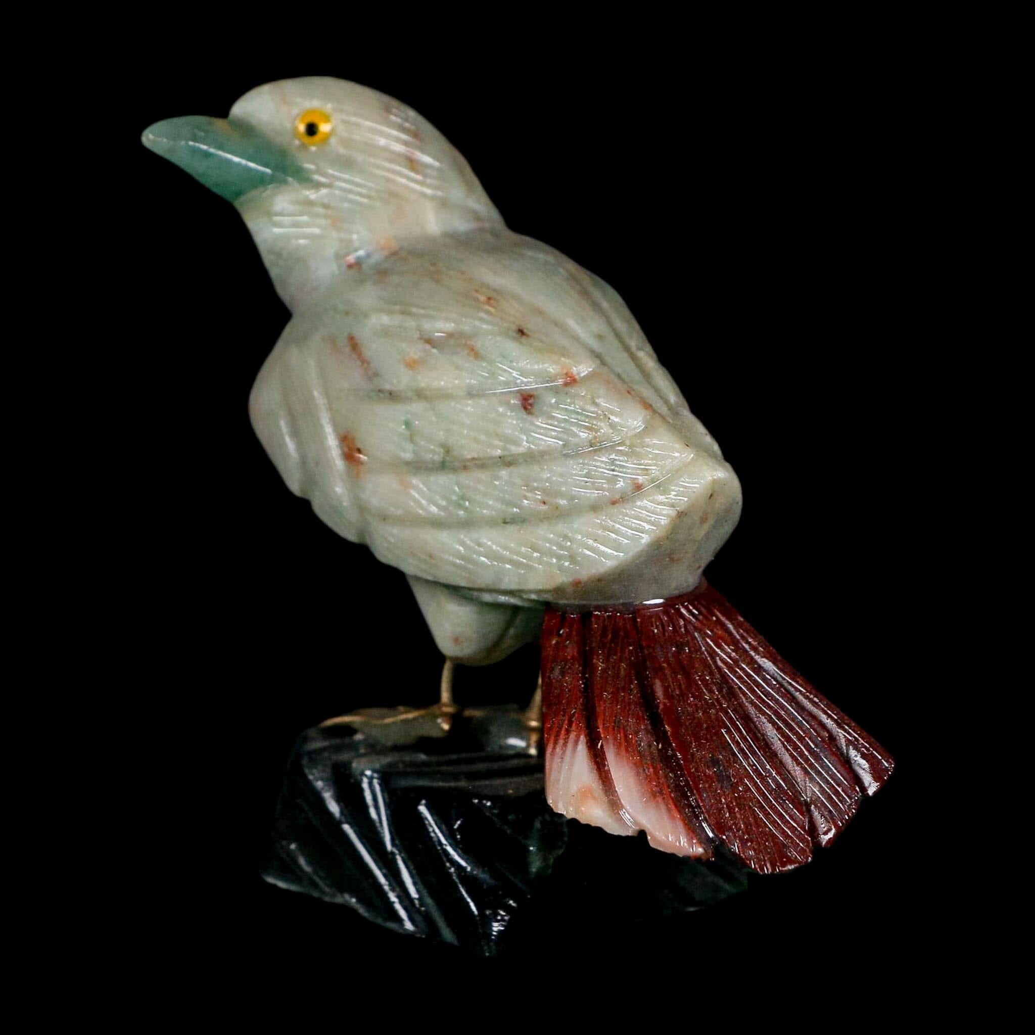 3.9" Hand Carved Bird Perched on Black Calcite, White Calcite, Rhodochrosite Peru - Fossil Age Minerals
