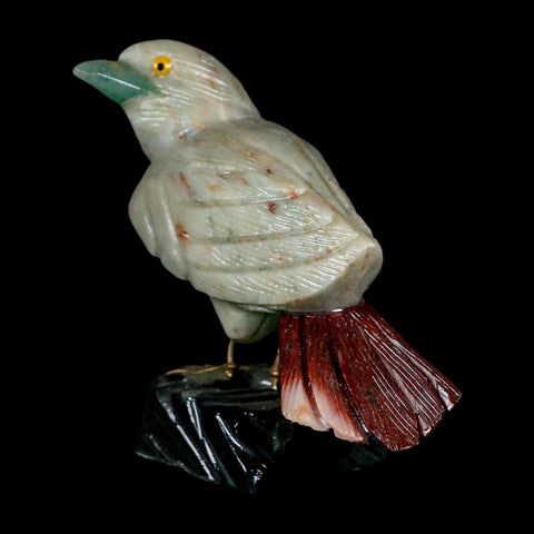 3.9" Hand Carved Bird Perched on Black Calcite, White Calcite, Rhodochrosite Peru - Fossil Age Minerals