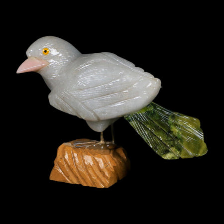 4" Hand Carved Bird Perched on Brown Calcite, White Calcite, Serpentine Peru