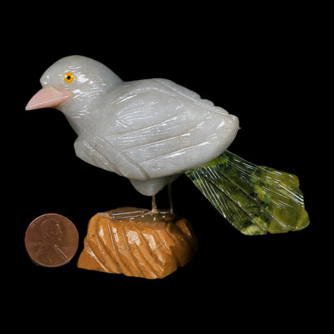 4" Hand Carved Bird Perched on Brown Calcite, White Calcite, Serpentine Peru - Fossil Age Minerals