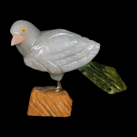 4" Hand Carved Bird Perched on Brown Calcite, White Calcite, Serpentine Peru